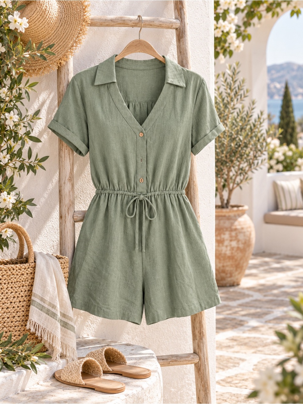 Mittoshop Sage Green Linen Blend Romper Large V Neck Drawstring Waist